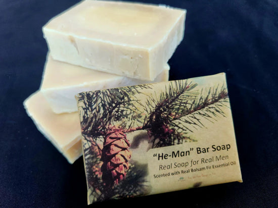 Bar soap with label reading 